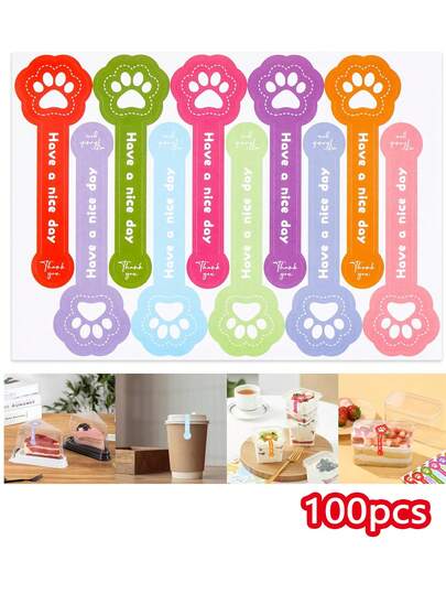 (100pcs/Pack) Cute Dog Paw Long Label Sealing Stickers For Bakery Packaging, Self-Adhesive Anti-Tampering Seal Labels For Pudding, Cake, Handmade Packaging, Cookies Baking Stickers