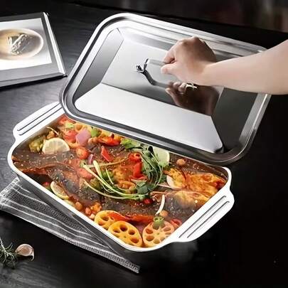 1pc Heavy-Duty Stainless Steel Baking Pans With Lids, Thickened Rectangular Oven Tray, Ideal For Desserts, Bread, And Seafood - Perfect For Grilling, Buffets, And Holidays