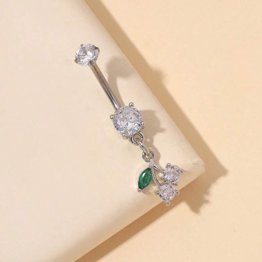 1个时尚钛金樱桃肚脐环，适合日常佩戴 - 銀色 - 查看 1