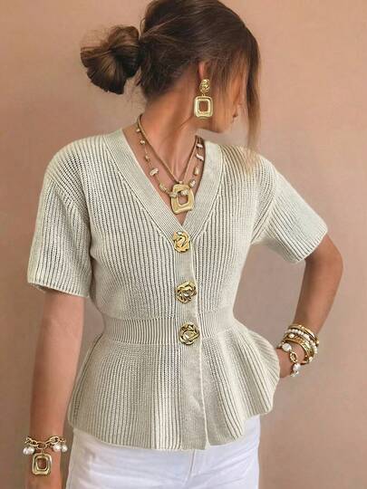 Women's Solid Color Short Sleeve Deep V-Neck Cardigan Sweater. Ruffle Trim Design Adds Elegant And Fashionable Touch. This Chic And Stylish Sweater Is Suitable For Photography, Everyday Wear, Or Casual Strolling In Spring/Summer