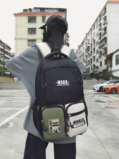 Korean Ins Fashion Era Student Schoolbags Contrast Backpack Junior High School Ultra-Light Joker Notebook For Boys And Girls.