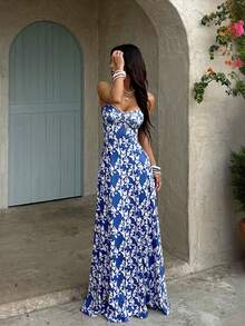 Elegant Full-Print Backless Maxi Dress, Suitable For Women's Vacation And Home Wear, Waist-Cinched A-Line Camisole Dress - Blue - View 5