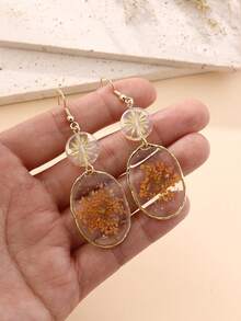 1 Pair Personalized Fashion Dried Flower Resin Effect Oval Pendant Matching Round Glass Flower Earrings, Suitable For Vacation, Party And Daily Wear, Natural Dried Flower May Have Slight Differences From The Picture - Orange - View 5
