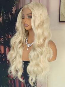 13x4 Inch Curly Wavy Golden & Platinum Blonde Lace Front Wig, Women Cosplay Synthetic Heat Resistant Replacement Wig With Middle Part Wavy Style, 71.12cm - Gold - View 3