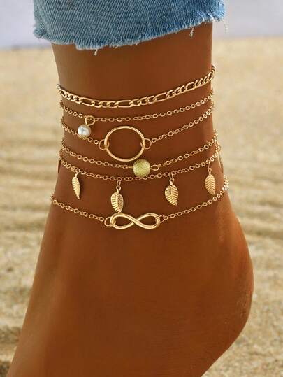 5pcs/Set Summer Beach Vacation Women Anklet, Fashion Trending Infinity Symbol, Leaf & Tassel Pendant Foot Jewelry, Suitable For Daily Wear, Beach Trip, Dating Decoration