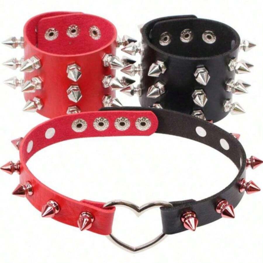 Set de 3 piezas de collar, pulsera y gargantilla de cuero sintético negro y rojo con remaches, estilo punk y hip hop, unisex para uso diario, festivales, fiestas y atuendos góticos - Multicolor - Ver 1