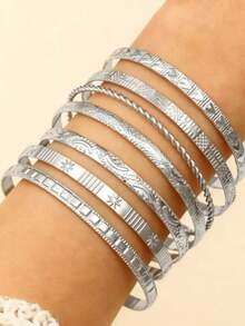 Bộ 12-7 chiếc vòng tay kim loại họa tiết trái tim dập nổi thời trang cá nhân hóa, vòng tay xếp lớp điều chỉnh được phong cách Bohemian dành cho nữ. - Bạc - Xem 5