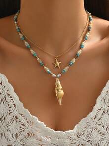 2pcs/Set Bohemian Beach Necklace Set, Gold Starfish Choker Necklace With Faux Turquoise Asymmetrical Beaded Layered Necklace, Suitable For Summer Beach, Party, Travel Jewelry - Multicolor - View 1