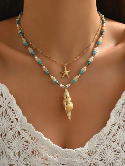 2件套波西米亚海滩项链套装，金色海星颈链搭配人造绿松石不对称串珠多层项链，适合夏季海滩、派对、旅行佩戴。