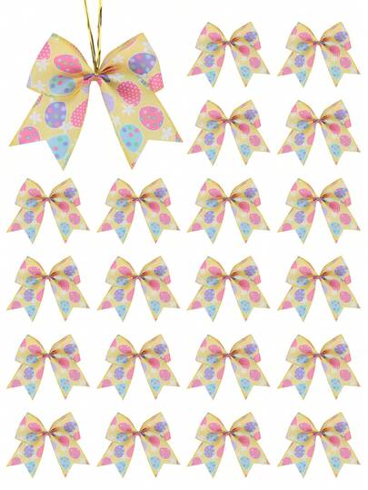 4pcs-Easter Bow, Fabric Easter Egg Print Bow, For Easter Decoration - Spring Burlap Bow For Easter Front Door, Indoor/Outdoor Wall Decor, Easter Wreath Decor Bow, Easter Tree Topper Bow, Spring Home Decor Bow With Bunny Ears, Easter Gift Bow Decoration ﻿