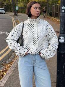 女士休闲波点印花长袖外套，带口袋和拉链，适合春秋季街头风穿搭。 - 黑與白 - 查看 8