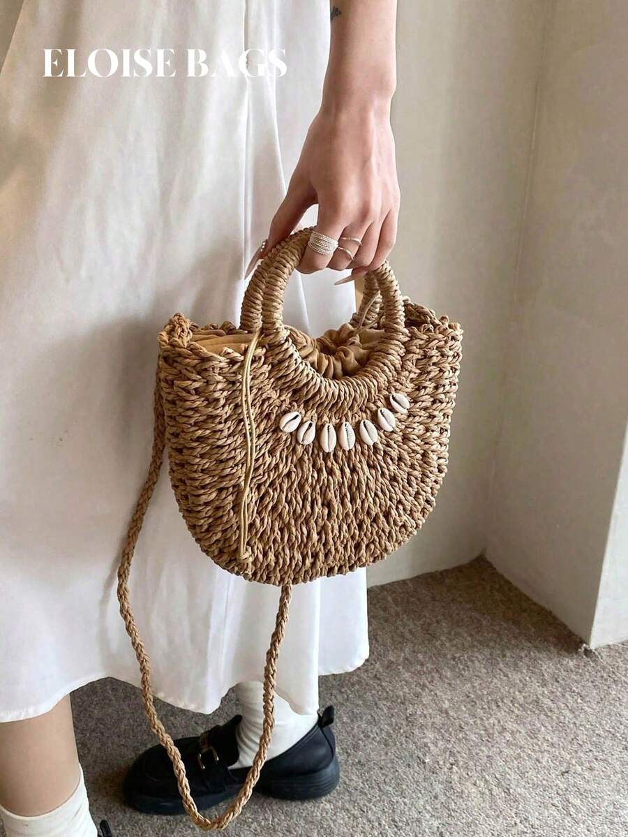 Nueva bolsa tejida con estilo y vibra bohemia, puede usarse como bolso de mano, bolso de hombro o bolso cruzado, esenciales de playa, bolsas de mujer esenciales de verano para vacaciones y días festivos, bolso de mimbre de moda - Caqui - Ver 1