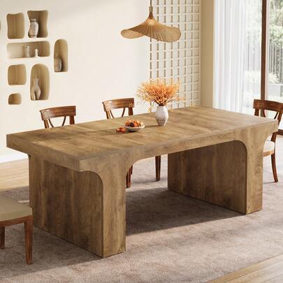 LITTLE TREE 71-Inch Large Dining Table For 6-8, Farmhouse Wooden Kitchen Table With Arched Design, Rectangular Dining Room Furniture With Double Pedestal For Dinner, Banquet, Wood Grain