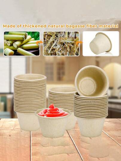 10/50/100个装返校季天然甘蔗渣纤维碗，2盎司一次性纸杯，可微波加热，样品零食熟食盛放杯，一次性烤盅，用于盛放酱汁、调味品、冰淇淋甜点