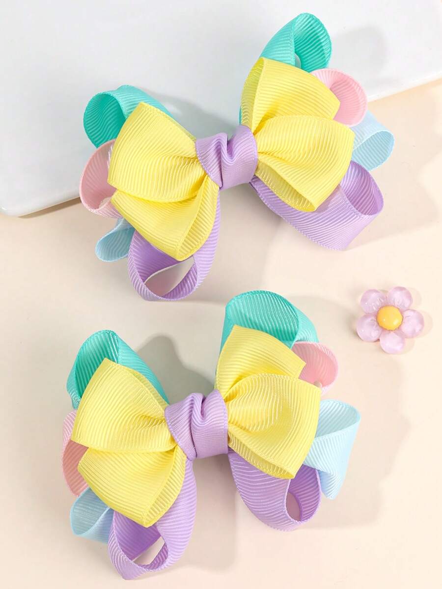 2pcs/Set Candy Color Hair Clips, Bowknot, Satin Ribbon, Alligator Clips, Suitable For Girls & Teenagers, Daily Use - Multicolor - View 1