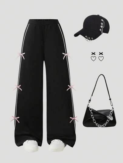 Quần ống rộng dài đến mắt cá chân, dáng suông, màu trơn, họa tiết bướm, dành cho nữ và thiếu nữ, kiểu dáng cơ bản phù hợp cho mọi mùa.