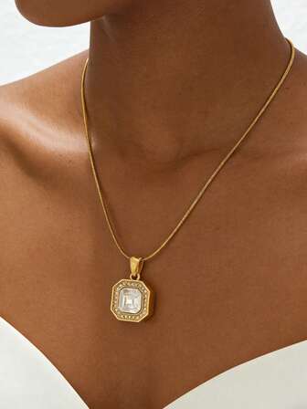 1pc Fashionable Elegant Stainless Steel Geometric Square Zirconia Necklace, Suitable For Women's Daily Wear, Engagement, Party, Wedding, Gift, Holiday