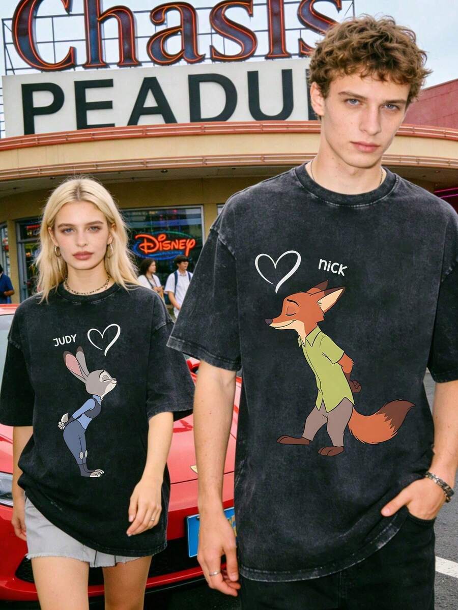 Disney Official Licensed Zootopia Nick & Judy Heart Couple Graphic T Shirts 100 Percent Cotton Disney Shirt Couple T-Shirt  Vintage Wash 230g Cotton Crew Neck Unisex Tee - 黑色 - 查看 1