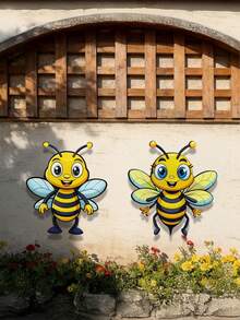2 piezas Decoración de pared de abeja de dibujos animados vibrante, hermosa y linda decoración de pared de animales, decoración de arte de metal duradero para exteriores, adecuada para la embellecimiento del jardín en primavera/verano - Amarillo y negro (2 piezas) - Ver 13