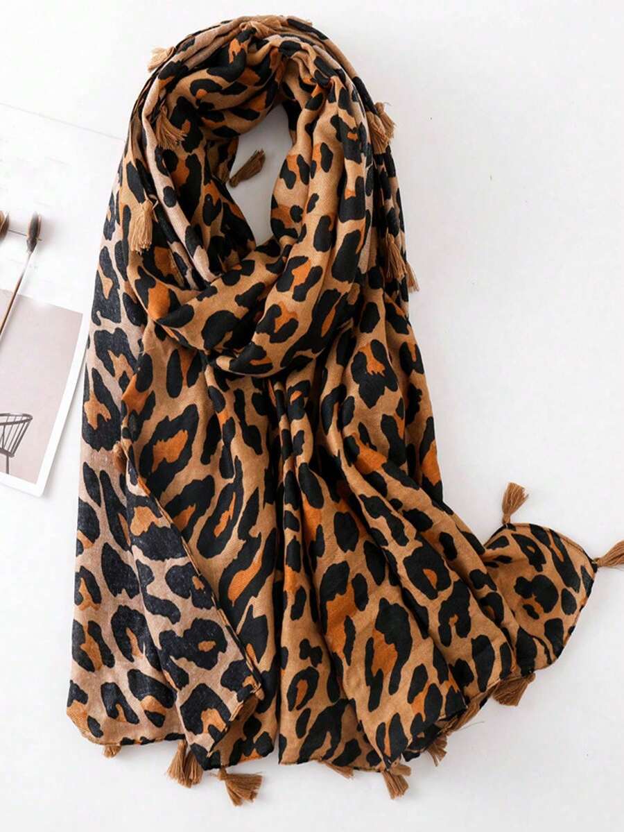 1pc Simple Leopard Print Scarf, Fashionable Women's Silk Scarf With Tassels, Versatile Shawl For Sun Protection - Coffee Brown - View 1