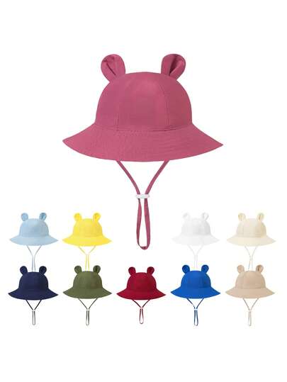1pc Toddler Baby Cute Rabbit Ear Sun Hat, 1-2 Years Old Kids Solid Color Bear Ear Double-Layer Bucket Hat, Infant Outdoor Casual Sports Sun Protection Cap, Chin Strap Baby Hat Suitable For Daily Casual Wear And Outdoor Activities