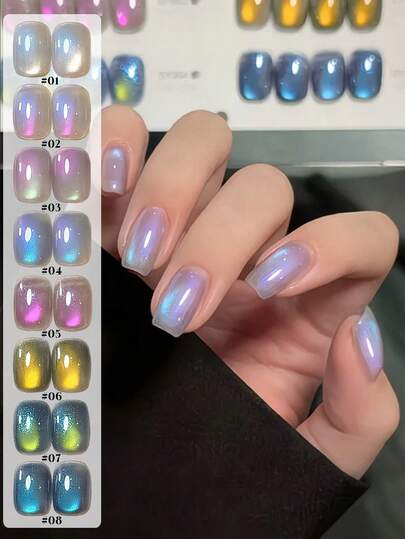 Miss Leia 1-8 15ml 春夏极光珠光猫眼凝胶指甲油，百搭迷人的蓝紫色猫眼指甲油，凝胶指甲油颜色，适合初学者，UV/LED灯固化，可浸泡，半永久佩戴。是美甲沙龙、美容院、DIY、家居、节日礼物和美甲用品的理想之选。