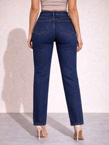 Jeans mujer tiro alto recto rasgado mezclilla casual urbano slim fit - Azul lavado oscuro - Ver 3