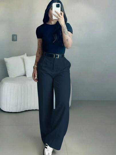 Pantalones de pierna ancha de talle alto para mujer | Ropa de mujer para primavera | Pantalones de oficina casuales y elegantes | Ropa casual de primavera | Pantalones rectos sueltos de unicolor | Ropa de primavera | Ropa casual de mujer | Pantalones casuales suaves y cómodos | Ropa casual de mujer a juego | Ropa de trabajo de moda minimalista | Traje casual | Preparación para el Año Nuevo | Esencial para primavera y otoño, sin cinturón incluido