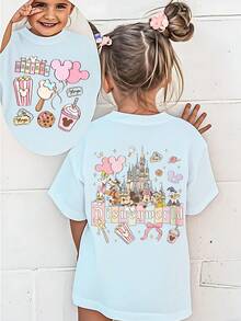 Disney Summer Tops,Disneyland Graphic Tee, Perfect For Cute Girls. Teen Girl Gift,Comfortable And Breathable Children's Short-Sleeved T-Shirt. 180g Pure Cotton Children's Clothes,Suitable For Both Boys And Girls.Suitable For Daily Wear, Vacations, Outdoor Activities, And As A Children's Gift. - 淺藍色 - 查看 1