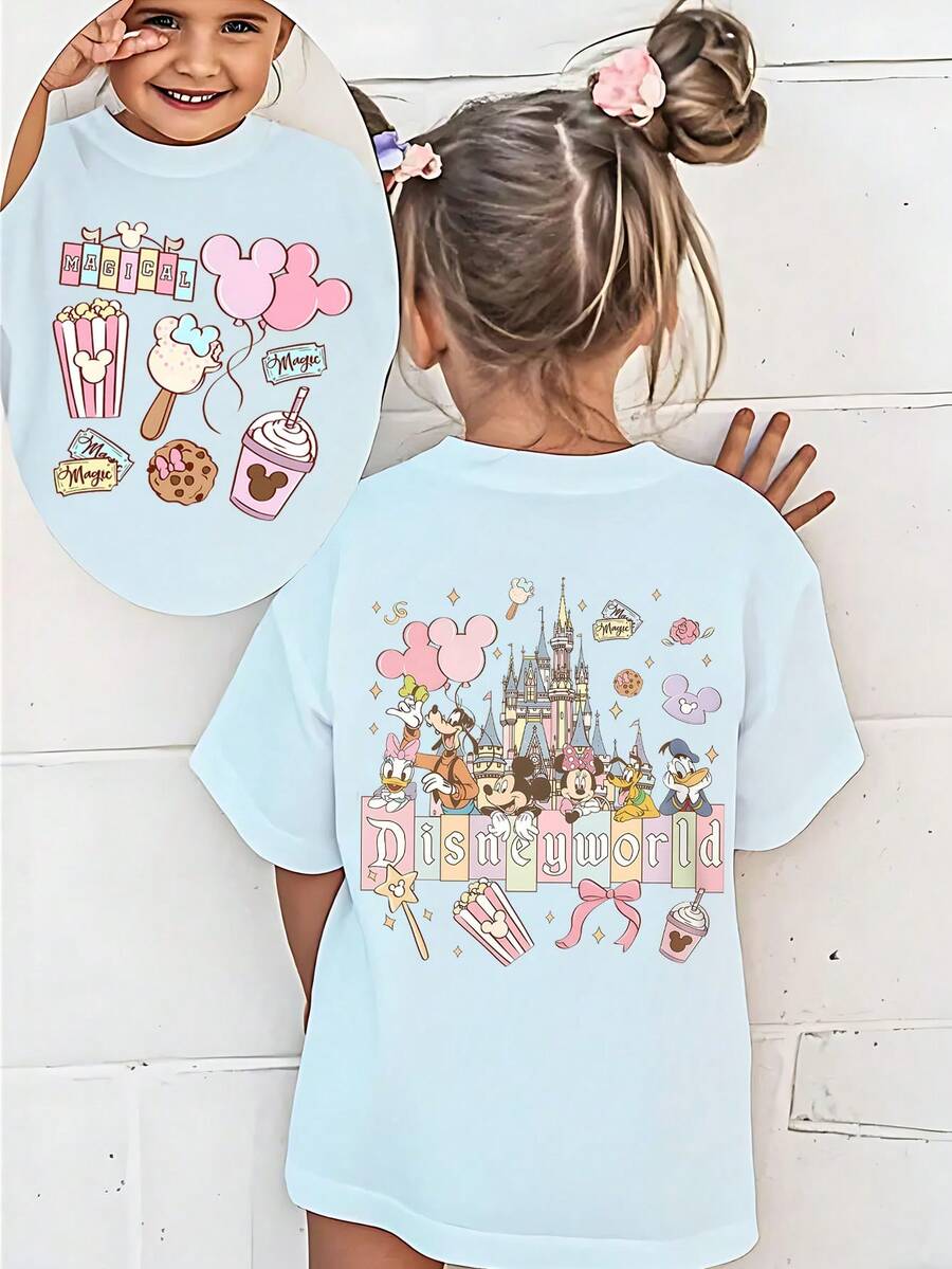 Disney Summer Tops,Disneyland Graphic Tee, Perfect For Cute Girls. Teen Girl Gift,Comfortable And Breathable Children's Short-Sleeved T-Shirt. 180g Pure Cotton Children's Clothes,Suitable For Both Boys And Girls.Suitable For Daily Wear, Vacations, Outdoor Activities, And As A Children's Gift. - 淺藍色 - 查看 1
