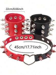 3pcs/Set Punk Hiphop PU Leather Black & Red Rivet Necklace Bracelet Set, Unisex Choker Wristband For Daily, Festival, Party Outfit, Gothic Choker Bracelet Set - Multicolor - View 8