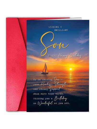 1pc,Son Birthday Cards From Mum Dad Parents, Classic & Traditional For Male Adult Gift, Heartfelt Sentimental Sweet Poem Words, Sailing Boat And Sunset Design For Him