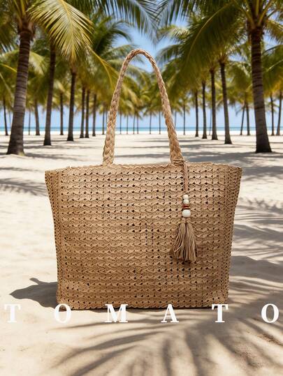 1pc Summer New Women Woven Shoulder Bag, Large Capacity Straw Casual Tote Bag, Beach Versatile Shoulder Bag, Fashion Vacation Beach Bag, Zipper Closure, Hollow-Out Design