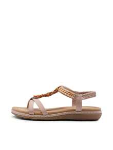 Comfortable Dressy Summer Flat Sandals For Women, Cute Elastica Ankle Strap Ladies Elegant Bohemian Vacations Beach Sandals - Hồng - Xem 2