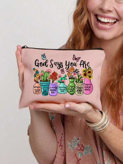 1pc Inspirational Christian Makeup Bag | "God Says You Are Unique" Religious Cosmetic Pouch With Floral Bible Verse Prints | Zippered Portable Multi-Functional Travel Organizer | Multi-Color | For Daily/Travel/Campus Use | Suitable For Daily Use, Travel, Vacation, Business Trips, Commuting & Campus Life | Perfect Gift For Women On Holidays/Easter/Mother'S Day/Independence Day/Wedding Season/Graduation Season/Anniversaries