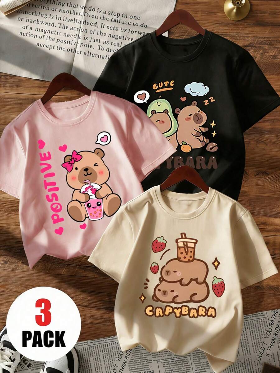 3pcs/Set Young Girls' Casual Cute Capybara Printed Short Sleeve Round Neck T-Shirts, Suitable For Summer Wear - Multicolor - View 1