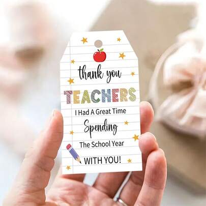AFYPRTY 50pcs/Bag 3.54" X 1.96" Premium Paper Thank You Tags With Jute Twine, Colorful "TEACHERS" Lettering, Apple & Pencil Design, For Educator Appreciation Gifts, End Of School Year Presents, And Teacher Appreciation Week Decorations