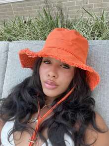 1 pieza Sombrero de cubo con cordón ajustable para mujer, diseño con correa para la barbilla, acabado desgastado, tela suave, protección solar, a prueba de viento, de moda, adecuado para viajes, playa, vacaciones y uso diario casual - Multicolor - Ver 8