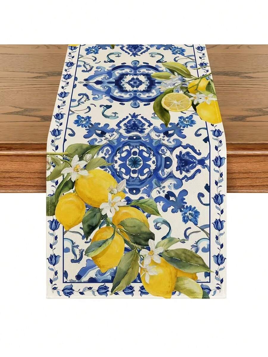 1pc Lemon Blue & White Ceramic Table Runner, Suitable For Spring Kitchen, Dining Table, Family Gathering, Available In Multiple Sizes - Blue - View 1