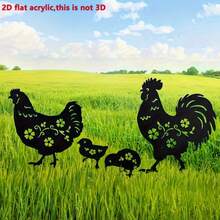 4件套亚克力鸡舍艺术花园插牌，逼真的公鸡和母鸡动物地面插牌，户外黑色家禽组合，适用于谷仓、小路、草坪、花园、节日装饰，2D - 花園樁 - 查看 2