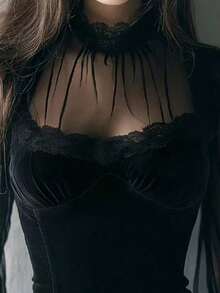 Women's Lace Mesh Sheer Long Sleeve Blouse, Women's Knitted Lace Ruffle Hem Long Sleeve Black Shirt, Women's Vacation Wear, Elegant Lace Trim Ladies Apparel, See-Through Sleeve Bodycon Off Shoulder Top, Suitable For Beach, Dinner, Date, Holiday, School, Vacation, Home, Daily, Travel, Spring, Summer, Autumn, Valentine's Day - Black - View 4