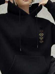 Women's Kangaroo Hoodie With Heart Design, Casual Winter Style, Sweatshirt With Pockets, 100% Cotton. - 黑色 - 查看 2