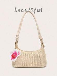 女士腋下斜挎包，方形，PU绳花朵吊坠，大容量，轻便，休闲时尚海滩度假风，适合购物和度假，沙滩包，假日包 - 米色 - 查看 8