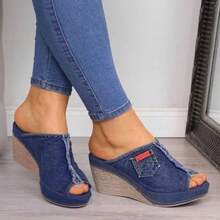 Large Size Slippers Women's 2026 New Summer Denim Women's One-Character Wedge Heel Cool Slippers Women - 藏青色 - 查看 11