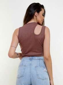 Cropped Asymmetrical Ribbed Cotton - 摩卡棕 - 查看 4