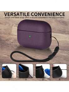 1个紫色皮革纹理挂绳防震TPU蓝牙耳机保护套，适用于苹果系列 - 紫色 - 查看 3