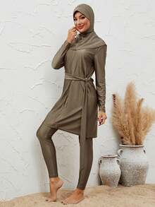 VFJ Áo tắm Burkini co giãn cao dành cho nữ, cổ tròn, kiểu dáng thường ngày, cạp cao vừa phải, thích hợp cho kỳ nghỉ hè. - Màu be - Xem 3
