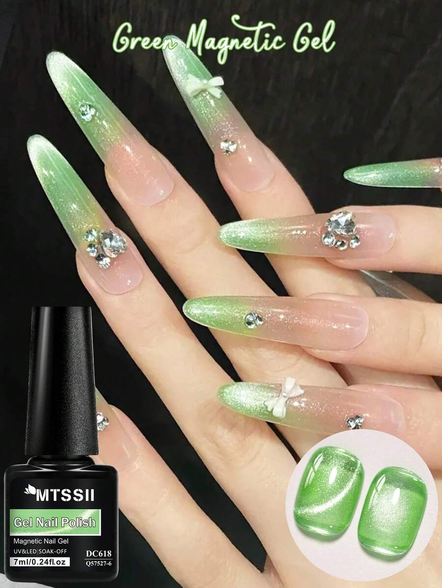 Mtssii 7毫升绿色仙女猫磁性凝胶指甲油，春夏热销，超闪亮全息闪粉，半永久可卸UV/LED凝胶指甲油，适用于美甲沙龙和家庭美甲