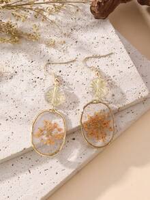 1 Pair Personalized Fashion Dried Flower Resin Effect Oval Pendant Matching Round Glass Flower Earrings, Suitable For Vacation, Party And Daily Wear, Natural Dried Flower May Have Slight Differences From The Picture - Orange - View 6
