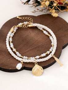 2 piezas Tobilleras de moda con cuentas, conchas y peces, adecuadas para el uso diario y vacaciones en la playa de las mujeres - Blanco - Ver 3